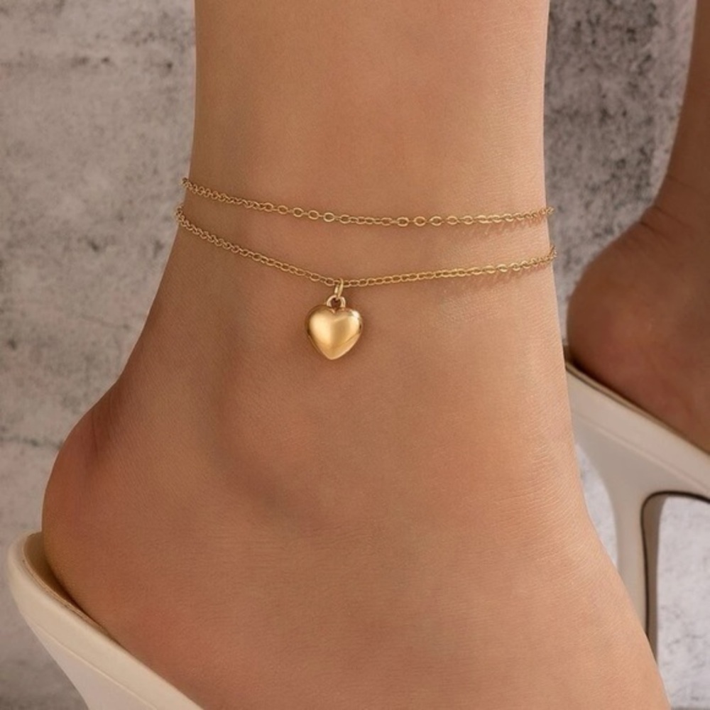 Heart Charm Layered Anklet Golden Chain - Picture 1 of 7